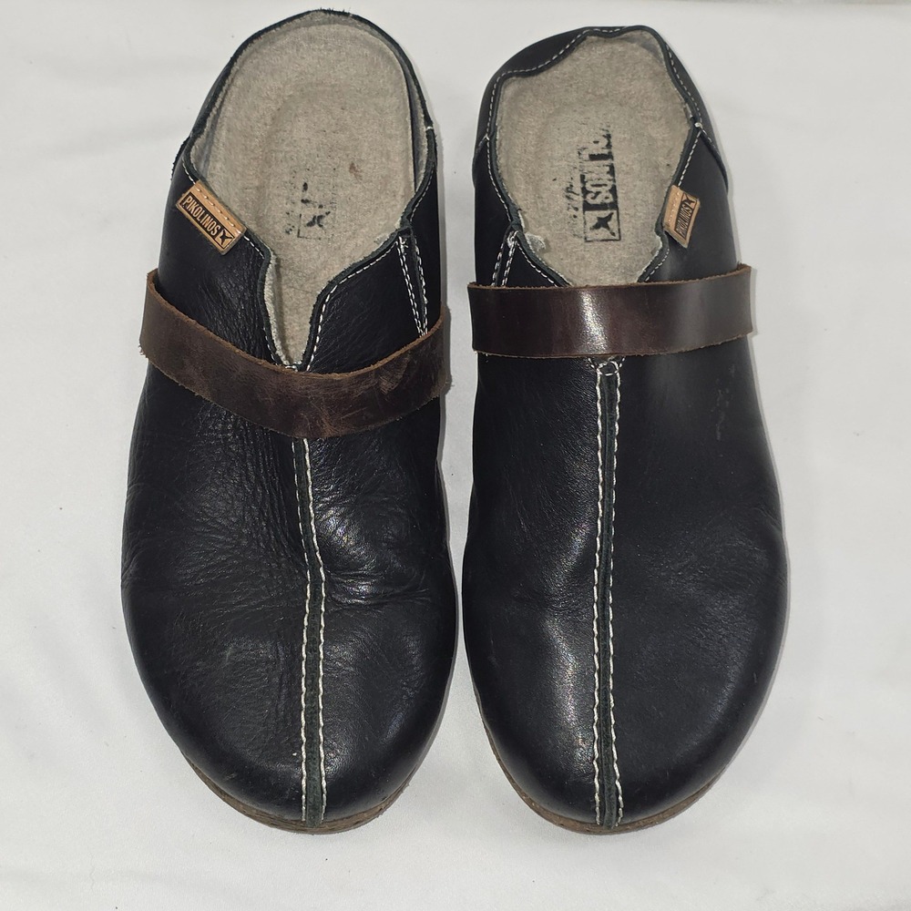 Pikolinos Womens Black Leather Mules Cork Wedge Clogs Spain EU Size 38 US 7.5